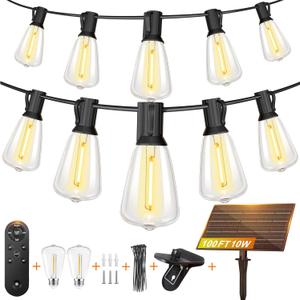 BLIATLUS 100FT Super Bright Solar String Lights Outdoor Waterproof with Remote Control 30+2 Shatterproof LED ST38 Bulbs for Porch Garden Market Bistro Patio Backyard Fence