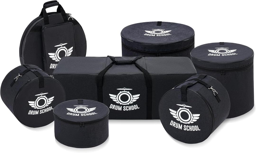 Drum Bags Set 7-pcs, Drum Soft Carrying Cases Set Thick Padded for 10" / 12" Tom, 14" Snare, 16" Floor Tom, 22'' * 18'' Bass, 22" Cymbal, Hardware Bag, Heavy Duty, Durable (Fusion 16)