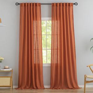 Burnt Orange Linen Back Tab Curtains 108 Inches Long Ceiling to Floor for Large Windows -2 Panels Set Hooks Belt Pinch Pleated Easy Sliding Curtains Light Filtering Semi Privacy Sheer Drapres 52"x108"