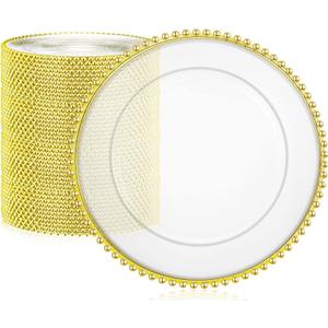 Gerrii 50 Pcs Clear Charger Plates 13 Inch Plastic Round Dinner Plates with Beaded Rim Dinner Table Decorative Charger for Home Wedding Kitchen Birthday Bridal Shower Party Table Supply(Gold)