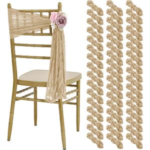 50 PCS Cheesecloth Chair Sashes, Bows Designed Chair Sashes, 15.7x70 inch Chair Sashes for Aisle Decorations Universal Chairs Cover Decoration for Wedding Reception Party Banquet (Beige)