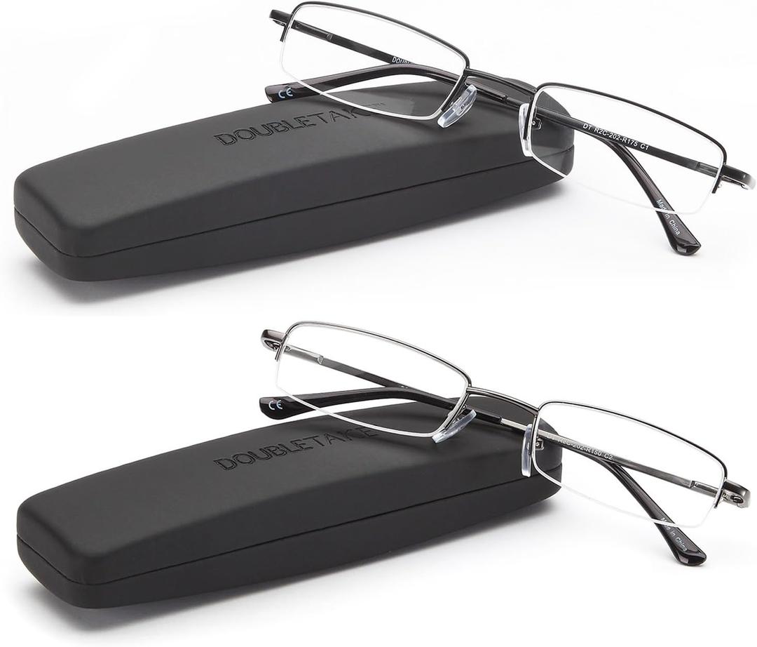 DOUBLETAKE Reading Glasses - 2 Pairs Compact Case Semi Rimless Readers (Black) +2.25