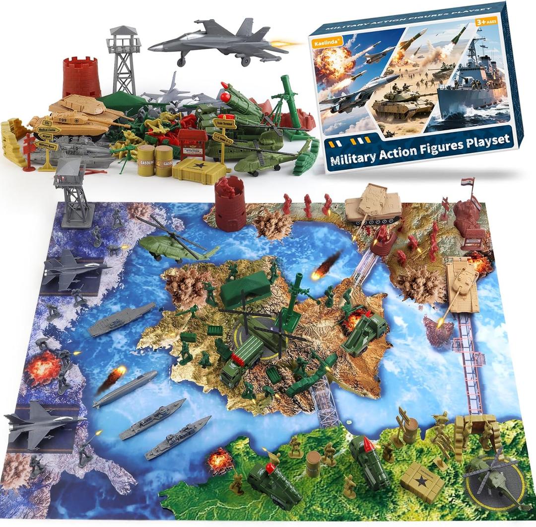Kaelinda Army Men Action Figures Playset, Army Toys for Boys Age 4-7 6-8 8-12, Toy Soldiers with Military Battle Mat & Accessories, Army Guys Military Toys for Kids 3 4 5 6 7 Year Old Birthday Gift