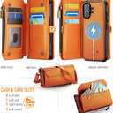Strapurs for iPhone 17 Detachable Wallet Case Compatible with Magsafe for Women, RFID Blocking 9-Card Holder Zipper Wrist Strap Lanyard PU Leather Magnetic Phone Case for iPhone 17 6.3", Orange