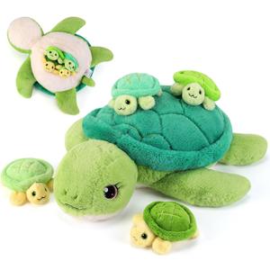 gnomantic 5 Pieces Turtle Stuffed Animals - 1 Mommy Stuffed Turtle with 4 Babies - Tortoise Gifts for Girls Age 3-8, Tortoise Plush Toys for Christmas, Valentine's, Birthday Gifts