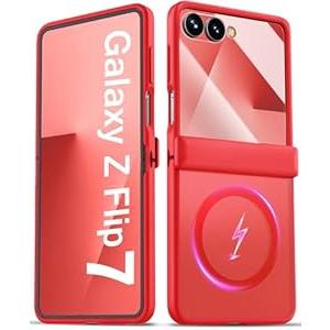 BXYJY for Samsung Galaxy Z Flip 7 Case with Hinge Protector, Front Screen Protector, Slim Compatible with MagSafe, Translucent Rugged Shockproof Men Women Full Phone Case for Samsung Z Flip7, Red