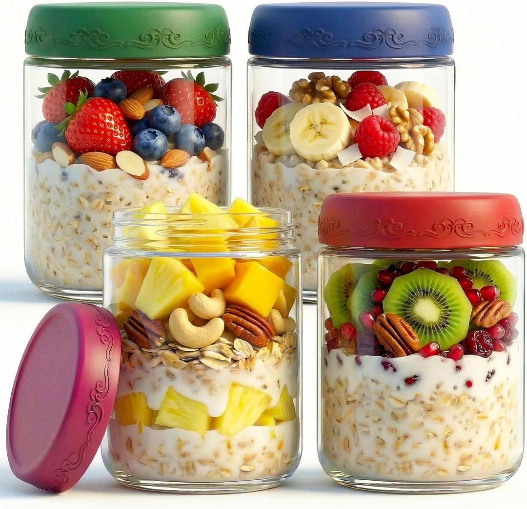 16 OZ 4Pack, Overnight Oats Jars with Lids, Glass Meal Prep Containers, Airtight Mason Jars for Breakfast, Yogurt Parfait, Salad & Smoothies, Leakproof and Reusable Food Storage Jars(4-1)