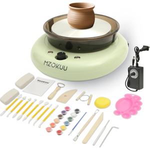 MZOKUU Mini Pottery Wheel Machine for Kids and Beginners, Adjustable Speed, Complete Pottery Kits with Air Dry Clay, Sculpting Tools, Art & Crafts Kits for Home DIY (Pink) (Green)