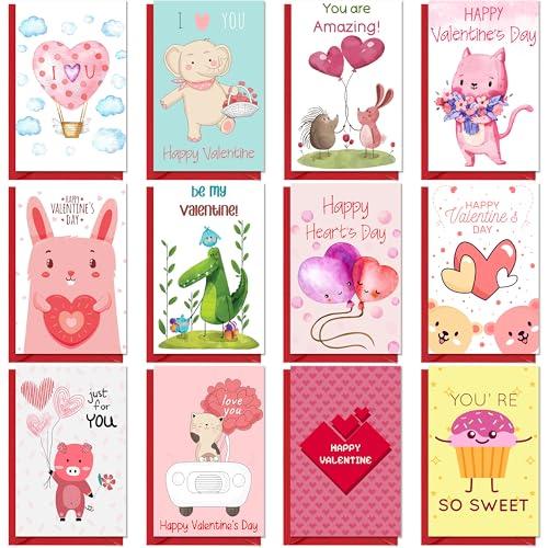 TRIDECOR Valentines Day Cards for Kids School – 24 Pack Flat Cards with Red Envelopes, 12 Cute Designs for Boys & Girls – Classroom Exchange Valentine Cards for Kids, Sweet School Gift Set (4”x6”)