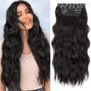 ALXNAN Clip in Long Wavy Synthetic Hair Extension 24 Inch Natural Black 4PCS Thick Hairpieces Fiber Double Weft Hair for Women