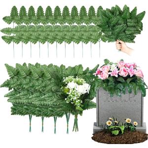 Yunlly 100 Pack Artificial Silk Green Fern Cemetery Flowers Leaf Picks Fake Greenery Stems Fern Leaves for Cemetery Grave Headstone Floral Arranging Crafting Decoration
