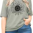 Plus Size Womens Summer Sunflower T Shirt Flower Graphic Oversized Tee Crew Neck Short Sleeve Casual Loose Tops (5X-Large, Sage Green)