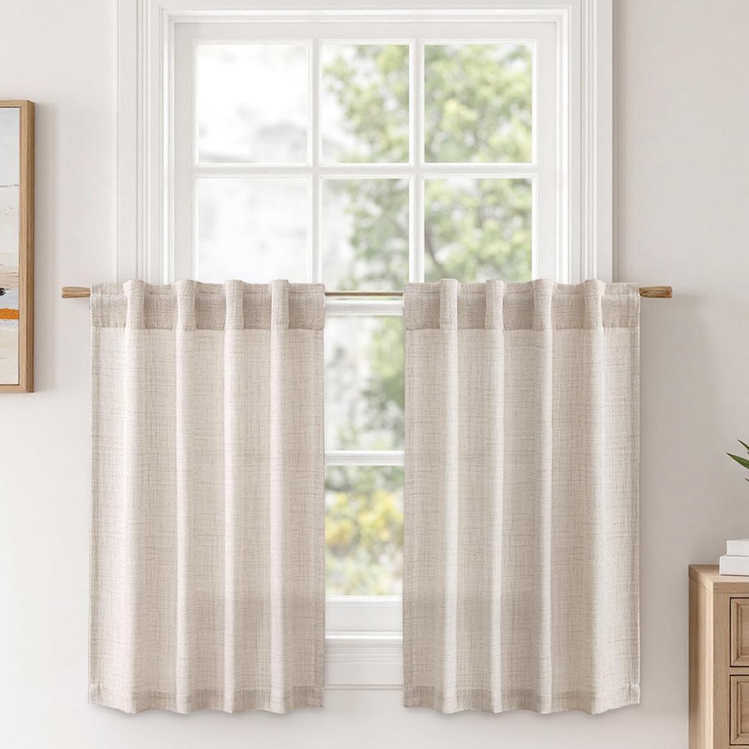 MIULEE Linen Textured Small Kitchen Window Curtains Over Sink, Semi Sheer Farmhouse Cafe Curtain 36 Inch Long Short Back Tab Half Window Curtains for Bathroom Basement 2 Panels Beige