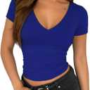 ForeFair Womens Casual V Neck Short Sleeve T Shirts Going Out Tops Double Lined Slim Fitted Summer Basic Tee (Blue, S)