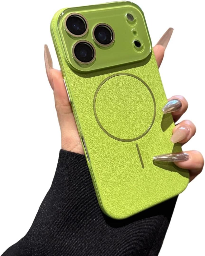 Camera Protection Solid Color Leather Pattern Magnetic Phone Case for iPhone, Compatible with MagSafe (Green,iPhone 17 Pro Max)