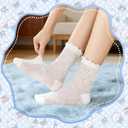 6 Pairs Women's Ruffle Socks Cool Casual Summer Ultra Socks Cute Thin sheer Friily Cotton Crew Sock (White)