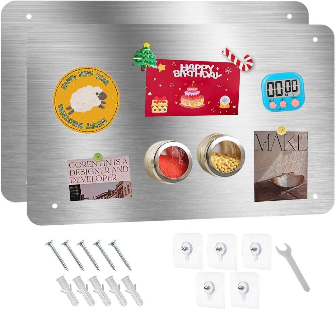 Magnetic Board 17.5" X 11.7" Magnet Board for Wall Stainless Steel Metal Magnetic Board for Wall for Magnet Display Photos Office Supplies Kitchen Stuff Bulletin Board Vision Board(Silver 2PC)