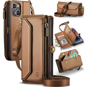 Wallet Case Compatible with iPhone 14 RFID Blocking 7-Card Holder Soft PU Leather Magnetic Snap Shoulder Strap Zipper Pocket Phone Case Fit for iPhone 14 for Women 6.1" - Brown