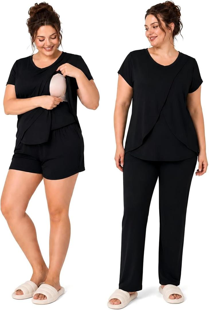 Rnxrbb 3 PCS Nursing Pajamas Set Postpartum Pjs Breastfeeding Sleepwear for Women Double Layer with Pockets, M