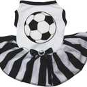 Petitebella Soccer Dog Dress with Striped Tutu Skirt Cute Pet Apparel with Football Graphic Soft Puppy Summer Clothes for Small Medium Dogs Sports Fan Outfit for Parties White/Stripes Small