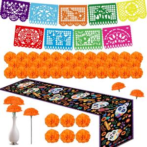 Dia De Los Muertos Decorations, Ofrenda Decorations for Altar, 2Pcs Papel Picado, Linen Mexican Table Runner, 50Pcs Marigold Garland for Day of The Dead