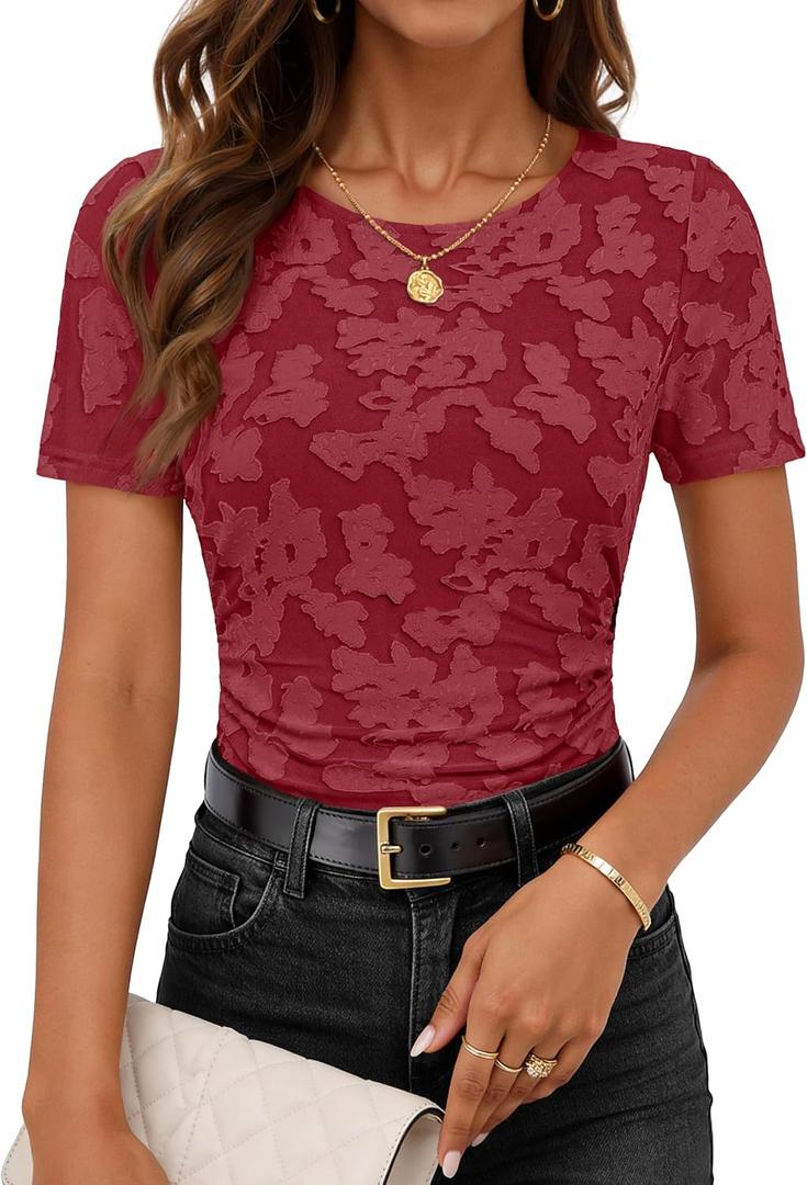 MEROKEETY Womens Summer Short Sleeve Floral Fitted Blouse Top Dressy Casual | 2026, Jacquard, Flocked Mesh, Lined, Crew Neck, Ruched, Cinched Waist, Lace-like, Stretchable, T Shirts, Cute Outfit Clothes, Small
