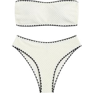 ZAFUL Women's Strapless Bandeau Bikini 2 Piece Swimwear Cheeky Solid Pom Bathing Suits(9-Beige, L)