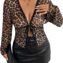 Women's Plus Size Leopard Lace Blouses Sheer Mesh Tie Front Long Sleeve Shirts Going Out Tops (X-Large Plus, Brown)