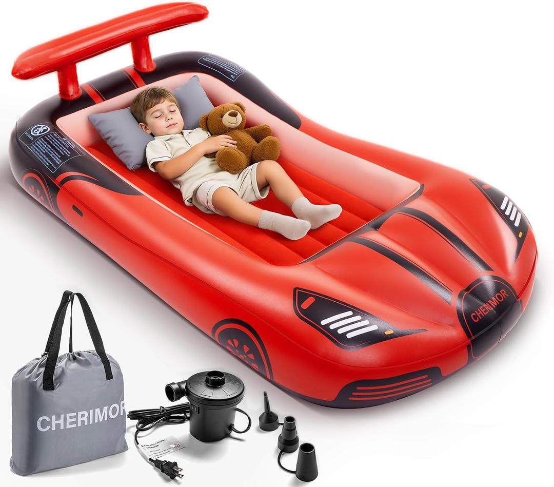 Inflatable Toddler Travel Bed with Safety Bumpers & 2 Mins Auto Inflation Pump, Portable Toddler Kids Air Mattress with Carry Bag for Home Grandma's Sleepovers Travel Camping, 330lbs Support (Red)