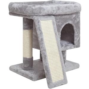 SYANDLVY Small Cat Tree for Indoor Cats, Cat Tower with Scratching Post, Modern Activity House for Large Cats, Condo with Board, Kittens Cave (Light Grey)