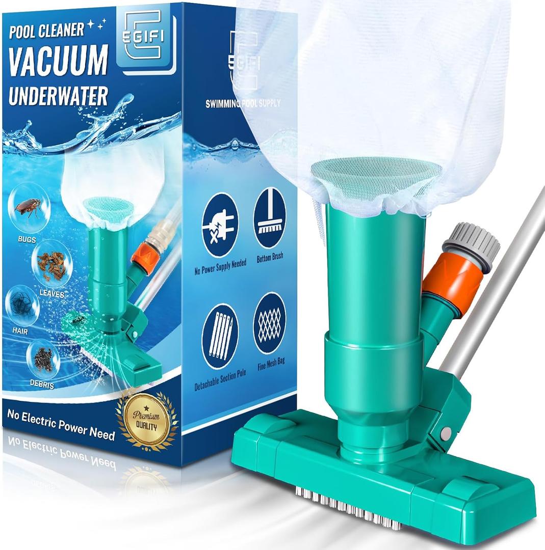 Portable Pool Vacuum for Above Ground/Inground Pool, Pool Cleaner Vacuum with 3 Scrub Brushes, Pool Leaf Vacuum & Nylon Mesh Net, Pool Cleaners for Swimming Spa Fountain Pond Hot Tub, Pure Green