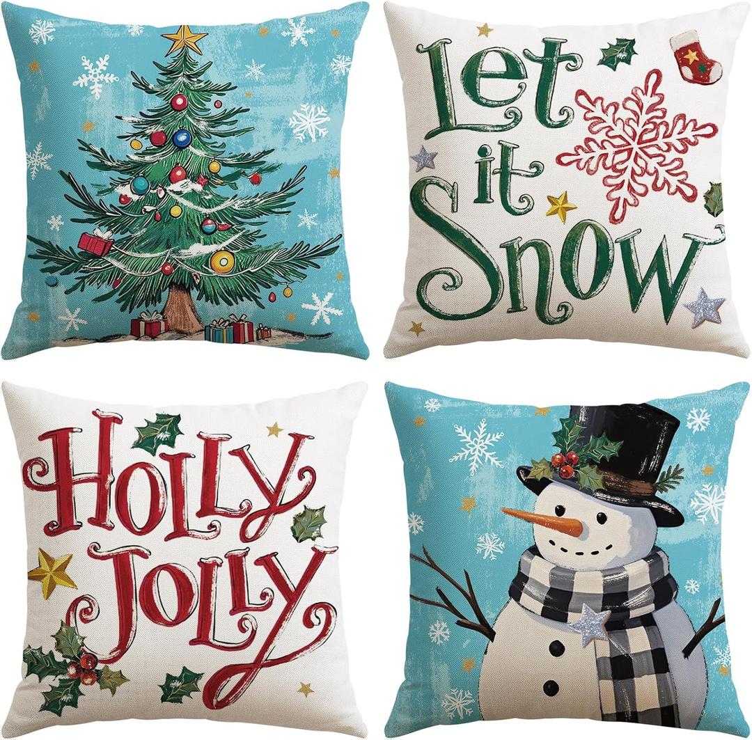 Artscope Christmas Tree Snowman Throw Pillow Covers 16x16 Inch Set of 4, Let It Snow Holly Jolly Winter Hoilday Christmas Decoration Pillow Cases for Home Sofa Couch Decor-Blue