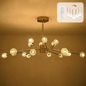47.2" Gold Sputnik Chandeliers 18 Lights Modern Crystal Sputnik Chandelier Modern Crystal Pendant Light Chandelier Branches Chandeliers for Bedroom Kitchen Living Room (Dimmable Bulb & Remote Incl.)