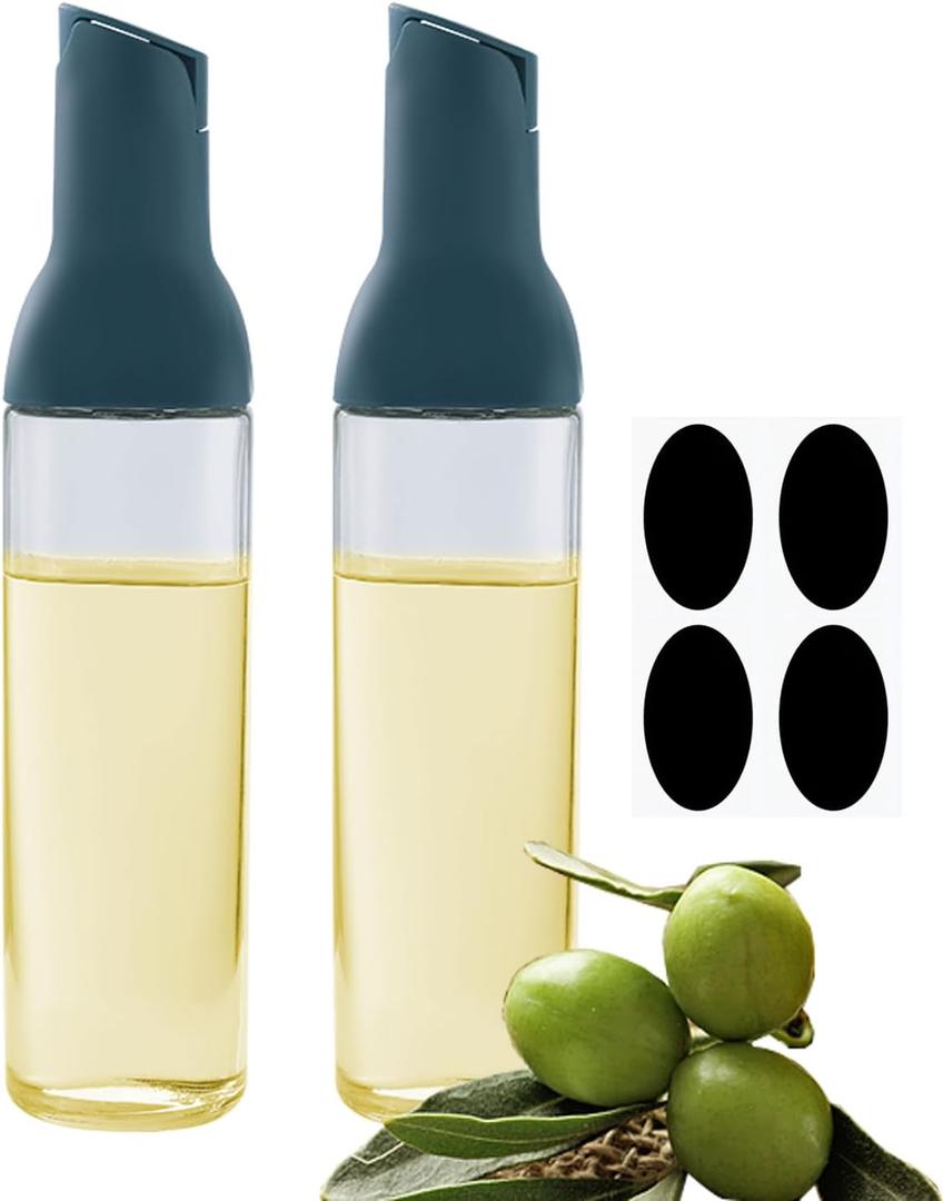 Oil Dispenser 17 Oz For Kitchen Cooking 2 Pack With Labels, Olive Oil Bottle Dispenser Auto Flip Non-Drip Oil Dispenser Bottle Wide Opening Easily Refill And Clean,Blue Glass Oil Dispenser 500ml