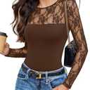 Avidlove Brown Long Sleeve Bodysuit for Women Lace Crew Neck Body Suits Going Out Tops Sheer Western Outfit, Size XL, Brown