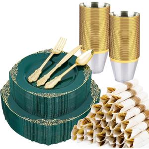 Realluck 350 PCS Green and Gold Plastic Plates, Plastic Dinnerware Set for 50 Guests, 100 Disposable Plates, 150 Silverwares, 50 Cups, 50 Napkins for Party, Wedding, Graduation