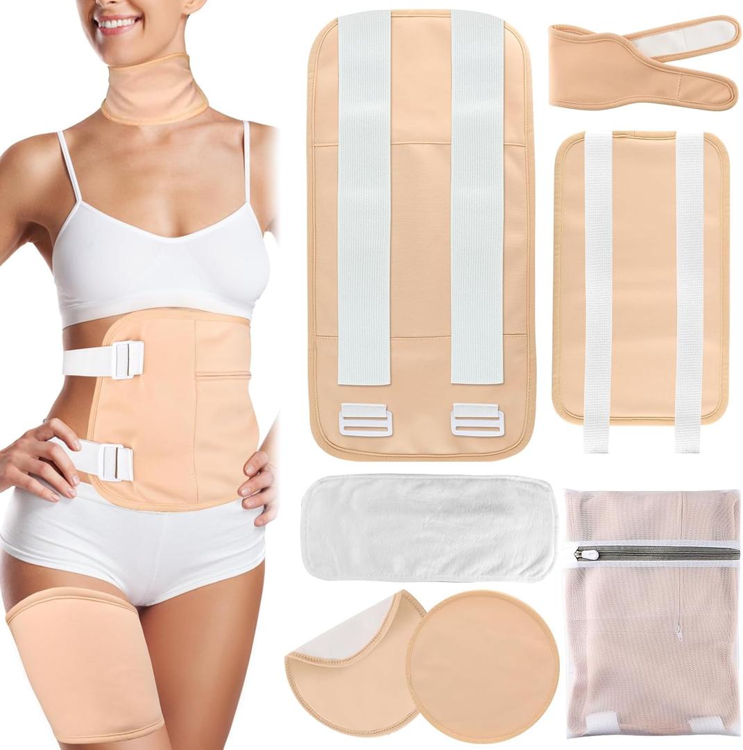 7 Pcs Castor Oil Pack Wrap with Flannel Cloth, Organic Cotton Castor Oil Pack Kit for Knee Wasit Breast and Neck, Castor Oil Compress Pads with Adjustable Elastic Straps (Oil Not Included) (Khaki)