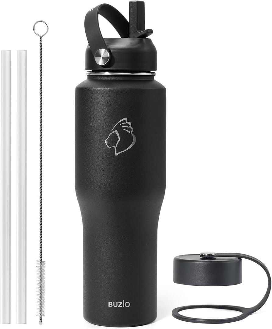 BUZIO Insulated Water Bottle Fits in Cupholder, Stainless Steel Tumbler with Straw Lid 32oz, Leak-proof BPA-Free Insulated Water Flask for Travel, Keeps Cold for 48H, Hot for 24H, Black (32 Ounces)