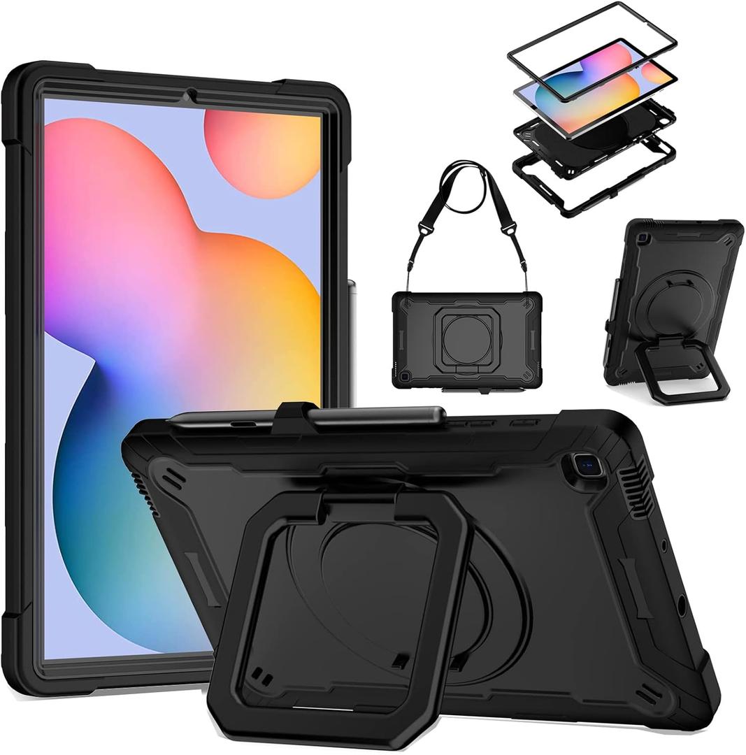 DETUOSI Case Compatible with Samsung Galaxy Tab S6 Lite 10.4 inch 2024/2022/2020 with Shoulder Strap, 3 in 1 Heavy Duty Shockproof Case with 360Rotatable Stand & Pen Holder, Black