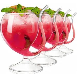 Tlence 4 Pack Straw Wine Glass, 12 OZ Sipping Wine Glasses with Built-in Straw, Creative Tube Cocktail Goblets, Clear Funny Decanter Cups for Juice Ice Cream Champagne Party Glassware Barware