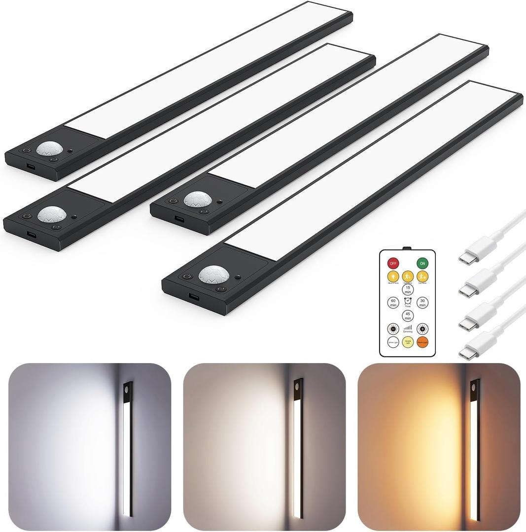 12" Ultra-Thin Under Cabinet Lighting Wireless, Aluminum Alloy Under Counter Lights for Kitchen, 3-Color-Temps Magnetic Closet Lights, Rechargeable Motion Sensor Light Indoor (4Pack, Black)