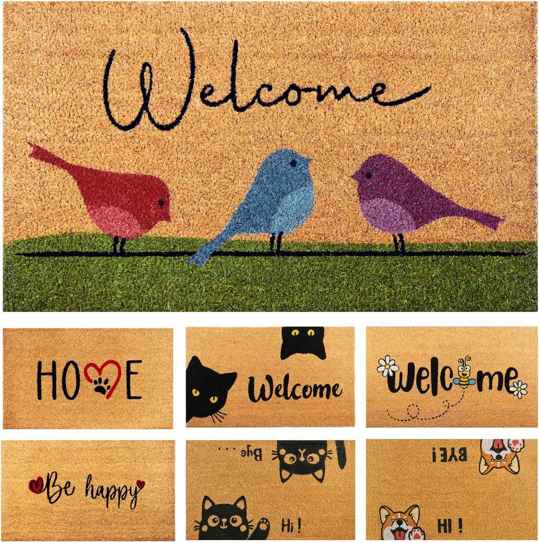 Colorful Birds - 29"x17" - Coir Door Mat with Heavy Duty Backing - Welcome Mats for Entryway, Porch - Anti-Slip PVC & Coconut Fiber Surface - Natural Home Accessories, Minimalist Original Design