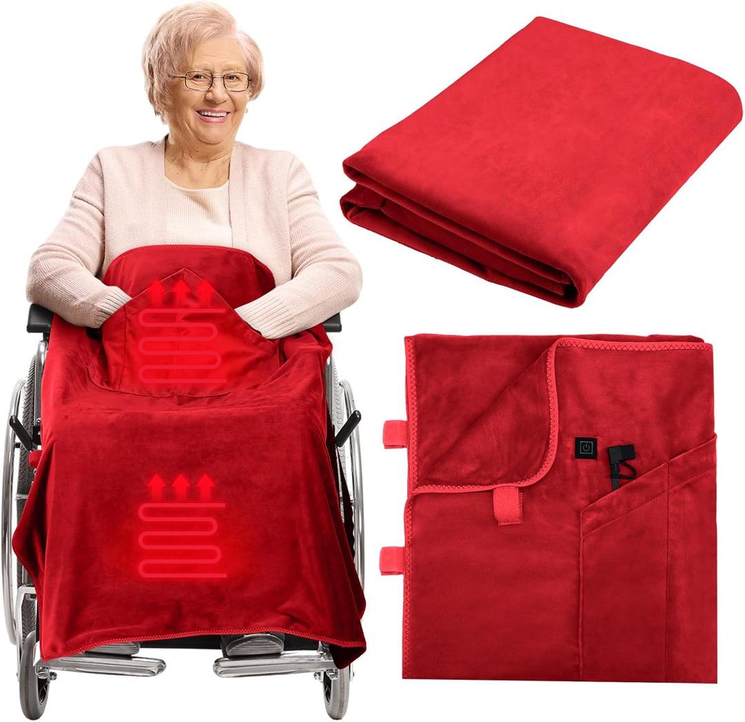 Hahafelt 12v Heated Flannel Wheelchair Blanket, Red Portable Heated Throw for Elderly 2 Heating Zones, Camping Essentials, Elderly Gift