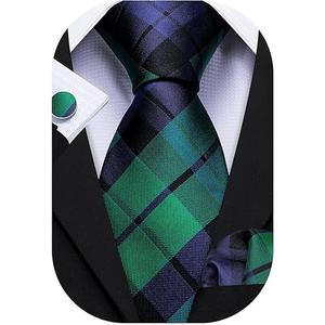 Barry.Wang Designer Classic Ties for Men Set Formal Pocket Square Cufflink Check Plaid