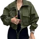 Tankaneo Womens Cropped Jacket Zip Up Lightweight Oversized Utility Anorak Coat with Pockets (Large, Army Green)