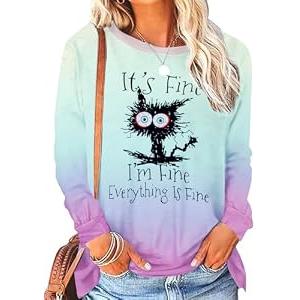 MNLYBABY It's Fine I'm Fine Everything Is Fine Sweatshirt Women Cute Black Cat Tee Tie Dye Cat lover Long Sleeve Top, Medium