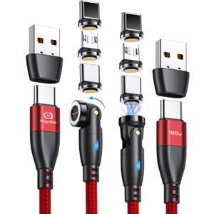 360 PRO 100W Magnetic USB C Phone Charger (Pack of 2) - 6 in 1 Magnet Charging Cable Fast Charging & Data - Works with i-Products, Type-C and Micro USB (Crimson Red) (Crimson Red)