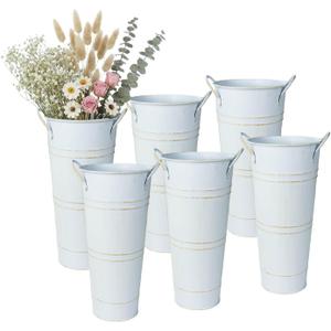 vensovo 9" Tall Galvanized Flower , 6 Pcs French Metal Vases with Handles, Tabletop Rustic Floral Buckets for Dried Flowers, Wedding Flower Bar & Home Decor, Distressed White