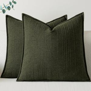 a moment Linen Pillow Covers Set of 2,Boho Farmhouse Throw Pillowcases Neutral Textured Decorative Covers for Couch Sofa,Linen Blend Accent Case Cushion Living Room Home Decor 22"x22"Dark Green