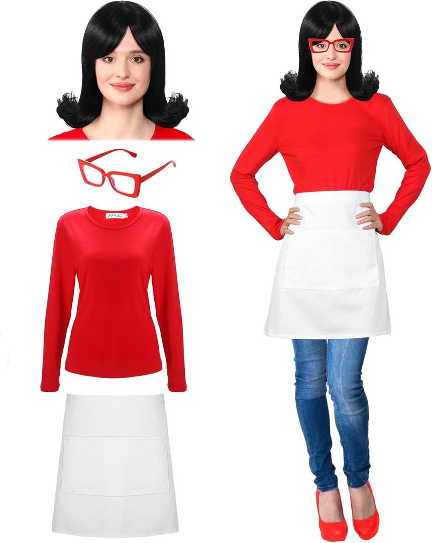 4 Pcs Halloween Costume for Women Include Black Wig Long Sleeve Shirt Red Cat Eyeglasses White Half Apron for Halloween (X-Large)